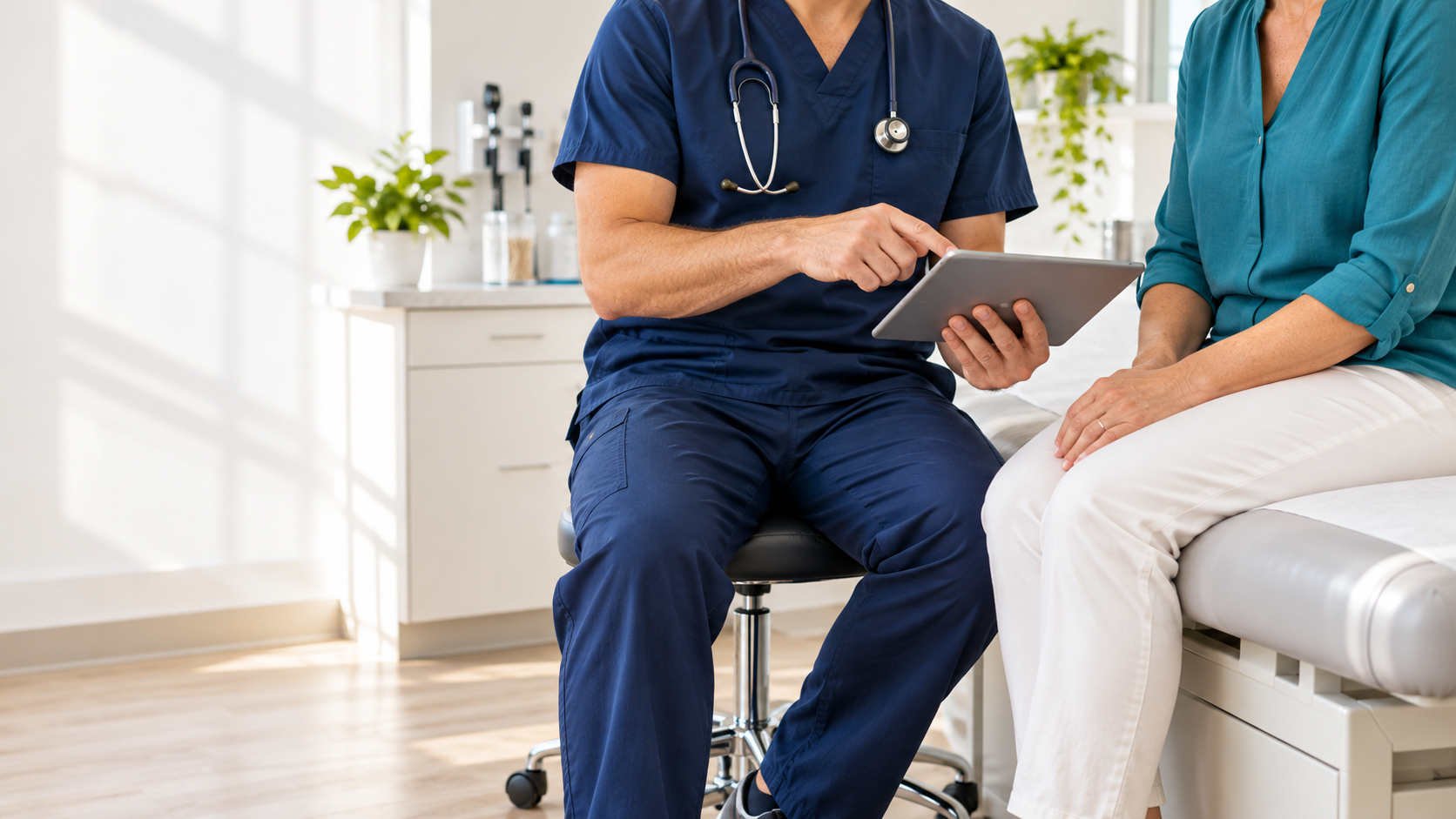 Illustrative warm consultation with a clinician in navy scrubs and a patient in teal reviewing a tablet